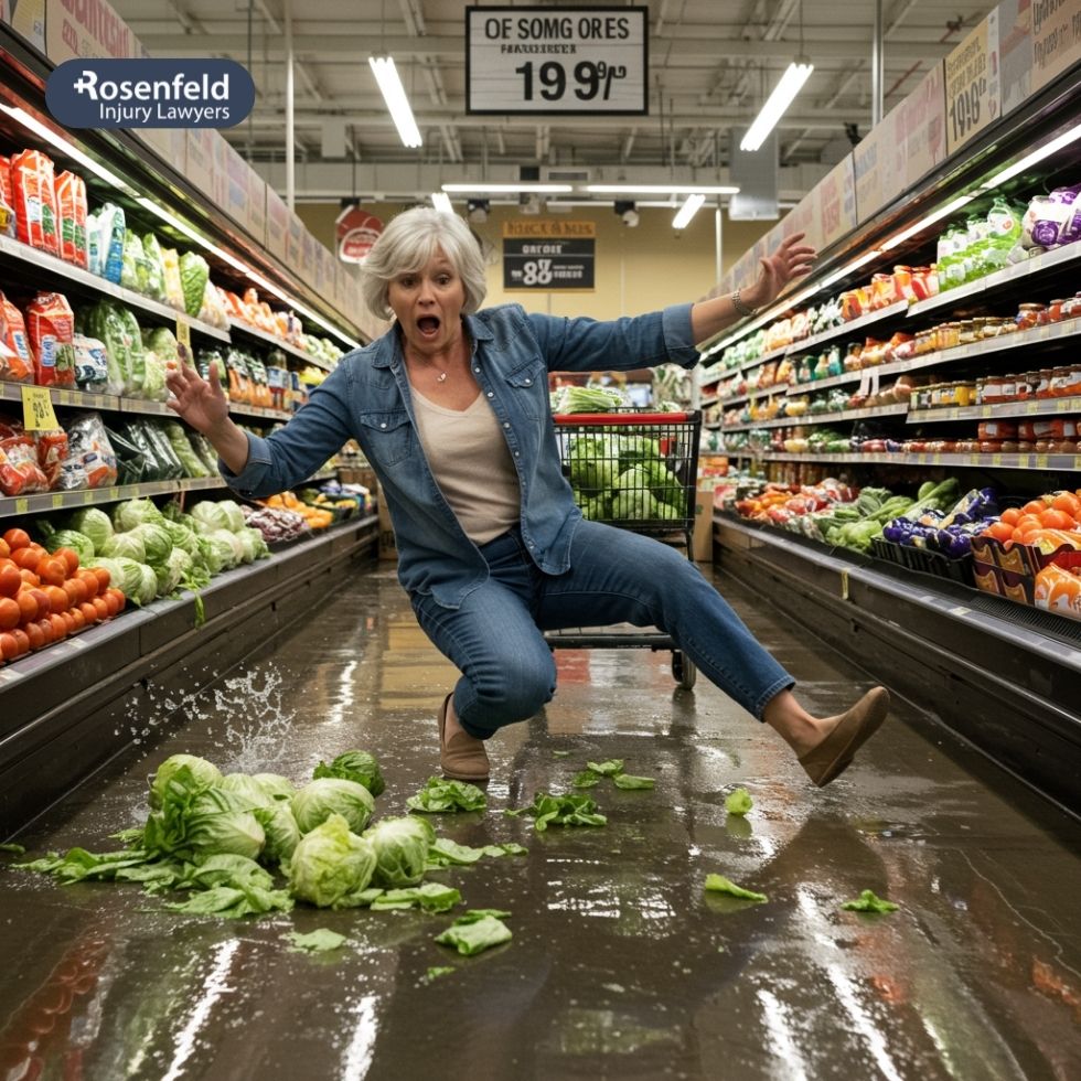 Slip and fall in a grocery store aisle with spilled liquid.