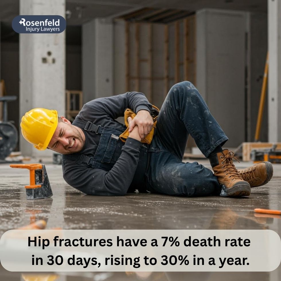 Hip injuries sustained in a grocery store slip due to wet floors.