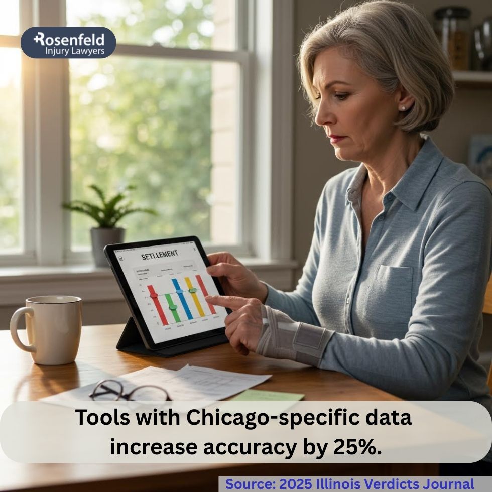 Victim checking slip and fall settlement amount using a digital calculator.