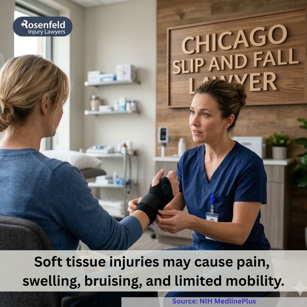 Soft tissue injuries from a slip and fall accident include muscle strains, sprains, and ligament damage.