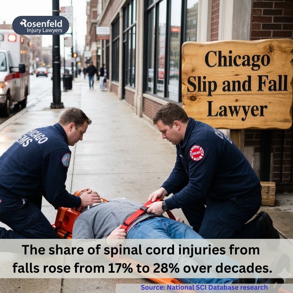 Slip and fall victim receiving medical attention from paramedics after a serious back or spine injury.